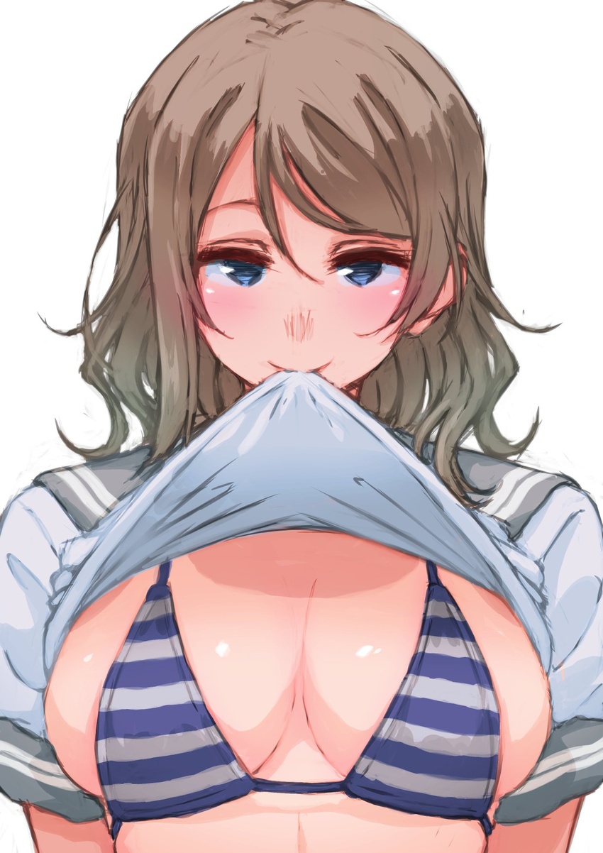 ayumu-k blue_eyes blush brown_hair clothes_lift commentary_request female highres looking_at_viewer love_live! love_live!_sunshine!! shirt_lift short_hair simple_background smile solo striped swimsuit tan tanlines watanabe_you wavy_hair