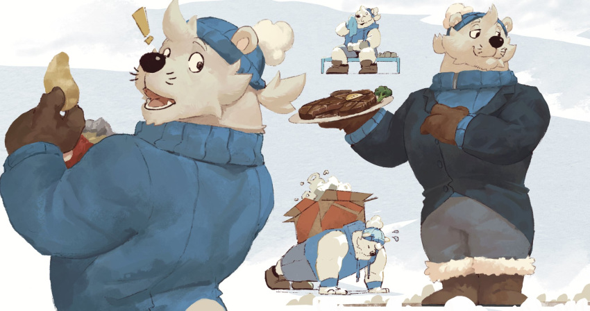 2023 anthro bear bernie_burr biped black_nose bottomwear breeze_in_the_clouds cirri_(breeze_in_the_clouds) clothing cloud exercise food fur hi_res humanoid_hands male mammal pants polar_bear sitting solo sweater topwear ursine white_body white_fur workout