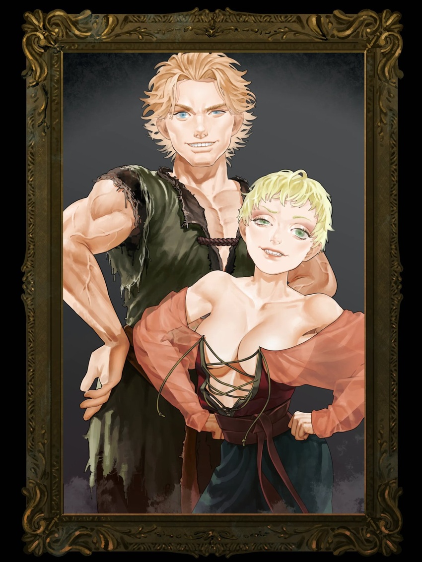 1boy bare_shoulders blonde_hair blue_eyes breasts dress fata_morgana_no_yakata female gratien_(fata_morgana_no_yakata) green_eyes grin highres kane_mune large_breasts long_sleeves looking_at_viewer maria_campanella muscular muscular_male official_art picture_frame short_hair sleeveless smile upper_body