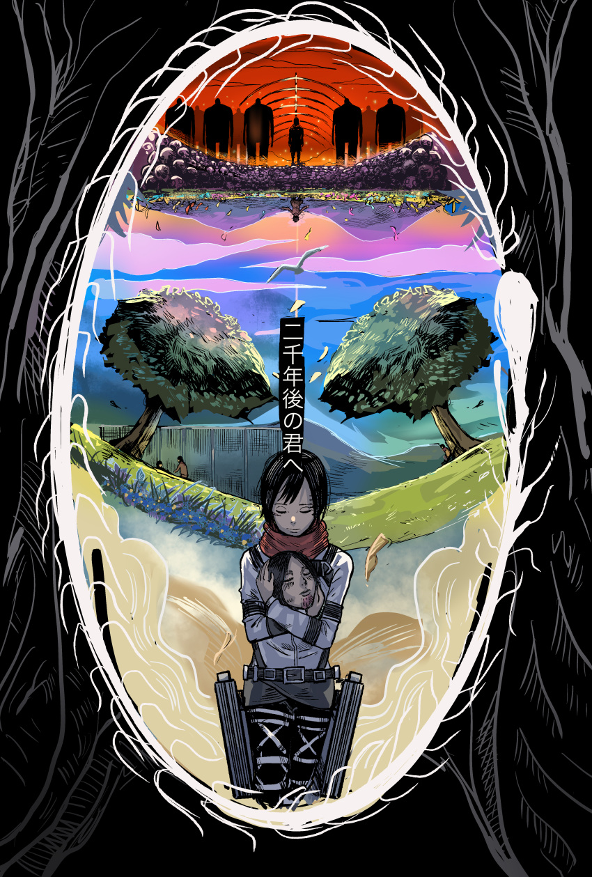 1boy absurdres age_progression akuma_no_ko_(shingeki_no_kyojin) closed_eyes colossal_titan death disembodied_head eren_yeager feet_out_of_frame female field flower flower_field founding_titan highres hug in_tree legs_together mikasa_ackerman mourning mr_jiang rumbling_(shingeki_no_kyojin) scarf shingeki_no_kyojin skull spine_eren spoilers standing sunlight titan_(shingeki_no_kyojin) tree