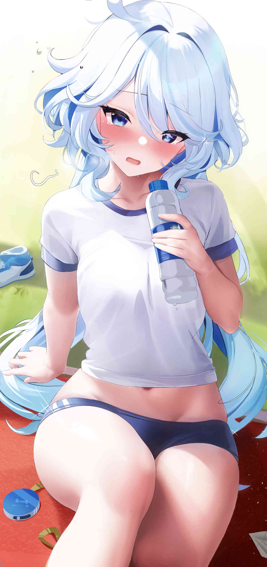 absurdres alternate_costume blue_buruma blue_eyes blue_hair blush bottle buruma collarbone colored_inner_hair fantongjun female furina_(genshin_impact) genshin_impact gym_uniform highres holding holding_bottle light_blue_hair long_hair looking_at_viewer midriff multicolored_hair navel open_mouth shirt short_sleeves sitting solo tearing_up thighs white_shirt