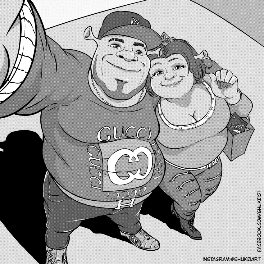 1:1 beard belt breasts cleavage clothed clothing dreamworks duo ear_piercing ear_ring ear_stalk facial_hair female footwear gucci hat headgear headwear hi_res humanoid long_nails male male/female monochrome nike ogre overweight overweight_female overweight_male piercing princess_fiona ring_piercing romantic romantic_couple selfie shadow shrek_(character) shrek_(series) shukeiart smile takis