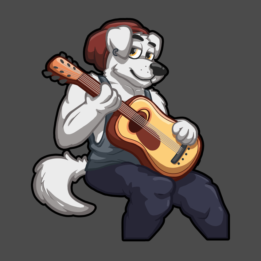 1:1 absurd_res amber_eyes animal_crossing anthro beanie bottomwear canid canine canis cel_shading closed_smile clothing domestic_dog ear_piercing fluffy fur guitar hat headgear headwear hi_res holding_guitar holding_musical_instrument holding_object k.k._slider looking_at_viewer luhrak male mammal mouth_closed muscular musical_instrument nintendo outline oversized_bottomwear oversized_clothing oversized_pants pants piercing plucked_string_instrument shaded shirt simple_background sitting smile solo string_instrument tail tank_top topwear white_body white_ears white_fur white_tail