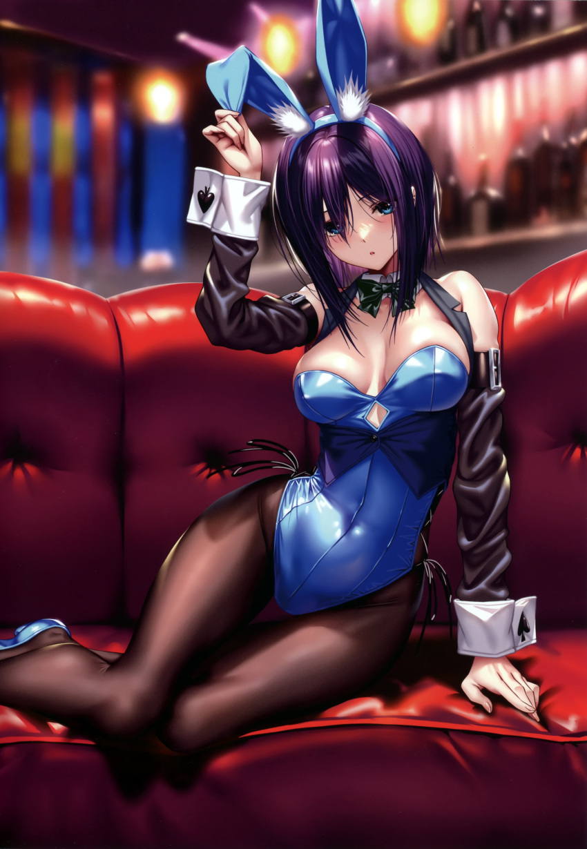 absurdres animal_ear_fluff animal_ears arm_support bare_shoulders blue_eyes blue_leotard blurry blurry_background blush breasts couch covered_navel detached_collar fake_animal_ears female fingernails hair_ornament hand_up hanikami_kanojo highleg highleg_leotard highres indoors leotard looking_at_viewer medium_breasts medium_hair miyatsuki_yuna pantyhose parted_lips piromizu playboy_bunny purple_hair scan sitting solo wrist_cuffs