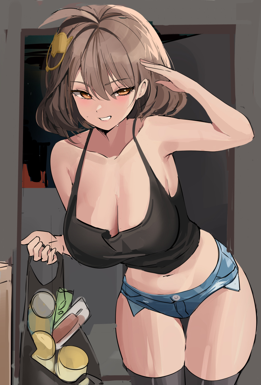 absurdres ahoge anis_(nikke) arm_up bag black_thighhighs blush breasts brown_eyes brown_hair cat_hair_ornament cleavage commentary denim denim_shorts female goddess_of_victory:_nikke grocery_bag hair_ornament highres holding holding_bag large_breasts looking_at_viewer open_door parted_lips shopping_bag short_hair short_shorts shorts smile solo somyo_(s0my0) tank_top thighhighs