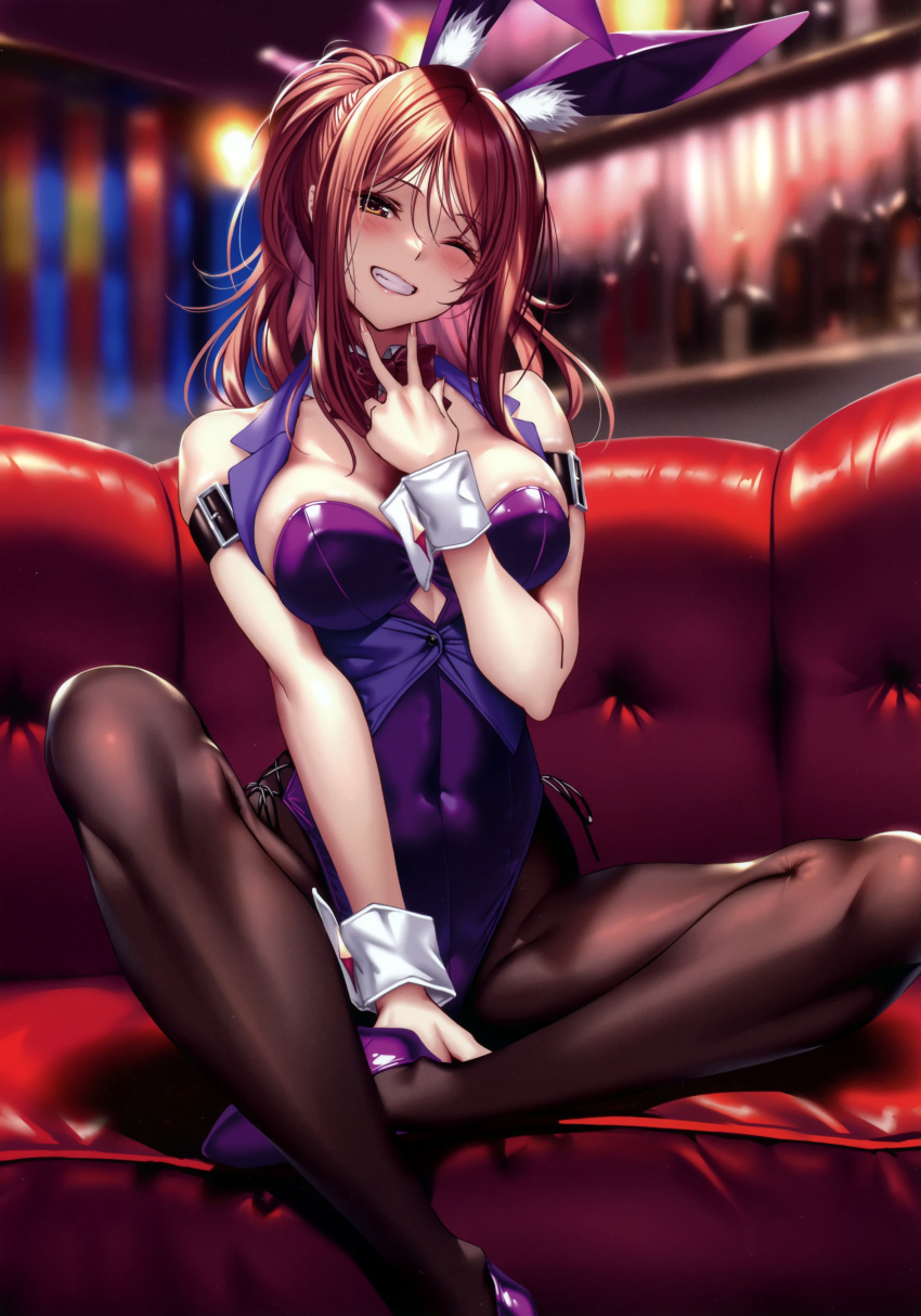 absurdres animal_ear_fluff animal_ears bare_shoulders blurry blurry_background blush breasts brown_eyes brown_hair buttons detached_collar fake_animal_ears female fingernails hair_ornament hand_up hanikami_kanojo head_tilt high_heels highleg highleg_leotard highres indian_style leotard lips long_hair looking_at_viewer medium_breasts myouga_satsuki one_eye_closed pantyhose parted_lips piromizu playboy_bunny purple_leotard scan shiny_clothes sitting smile solo teeth wrist_cuffs