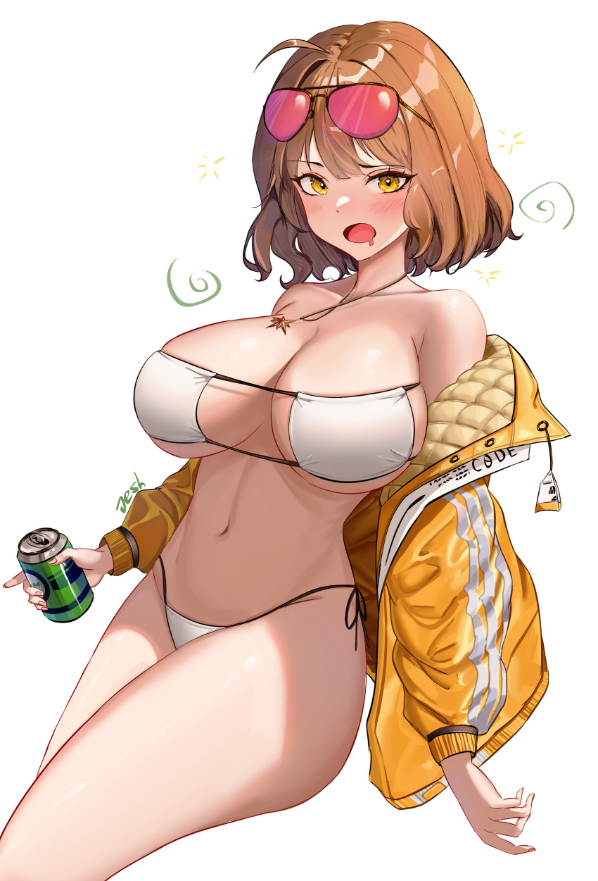 :o absurdres ahoge anis_(nikke) anis_(sparkling_summer)_(nikke) bikini blush breasts brown_hair can cleavage commentary drink drooling drunk eyepatch_bikini eyewear_on_head feet_out_of_frame female goddess_of_victory:_nikke hair_intakes highres holding holding_can jacket jesh_art jewelry large_breasts looking_at_viewer mouth_drool navel necklace off_shoulder official_alternate_costume open_clothes open_jacket open_mouth pink-tinted_eyewear short_hair side-tie_bikini_bottom signature simple_background solo squeans stomach string_bikini sunglasses swimsuit tinted_eyewear white_background white_bikini yellow_eyes yellow_jacket