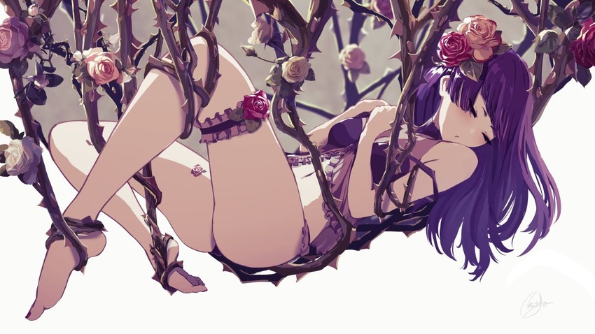 barefoot black_choker choker closed_eyes entangled feet female flower idolmaster idolmaster_shiny_colors knees_up leg_tattoo legs lying midriff minyom nail_polish navel on_back plant purple_hair red_flower red_rose rose sleeping solo suspension tanaka_mamimi tattoo thorns toenail_polish toenails toes vines