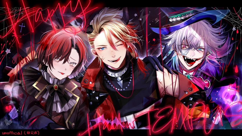 3boys ascot axel_syrios black_gloves black_ribbon blonde_hair blood blood_on_face blue_eyes blue_hair blush braid broken_heart collar crazy_smile crown_(artist) demon_horns english_text facing_viewer gavis_bettel gloves hair_between_eyes half_mask hat heart heterochromia holostars holostars_english horns jewelry looking_at_viewer machina_x_flayon male_focus mask multicolored_hair multiple_boys off_shoulder one_eye_closed open_mouth pink_eyes pink_hair red_hair red_ribbon ribbon sharp_teeth side_braid silk skull smile spider_web star_(symbol) stitched_mouth stitches teeth tongue tongue_out top_hat two-tone_hair upper_body v virtual_youtuber white_ascot white_collar white_hair