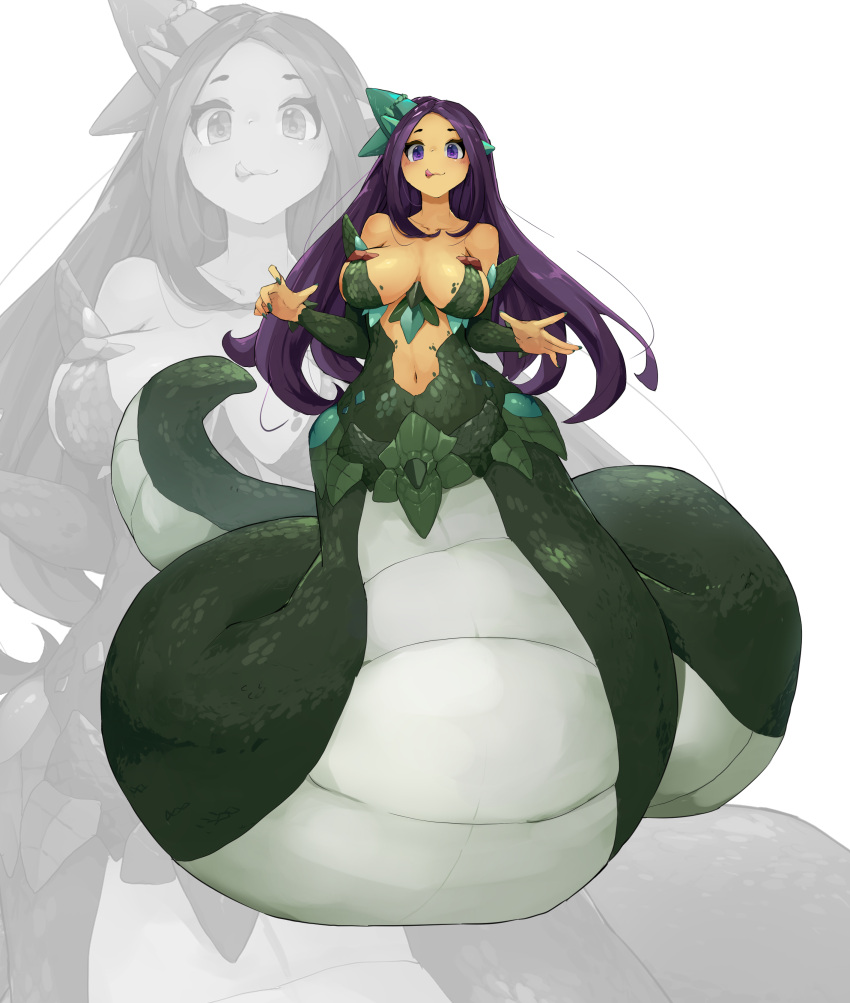 absurdres breasts closed_mouth female fingernails full_body green_nails green_scales hair_ornament highres lamia large_breasts long_hair looking_at_viewer monster_girl navel original purple_eyes scales shitoi_(aqua1487) smile solo tongue tongue_out white_background zoom_layer