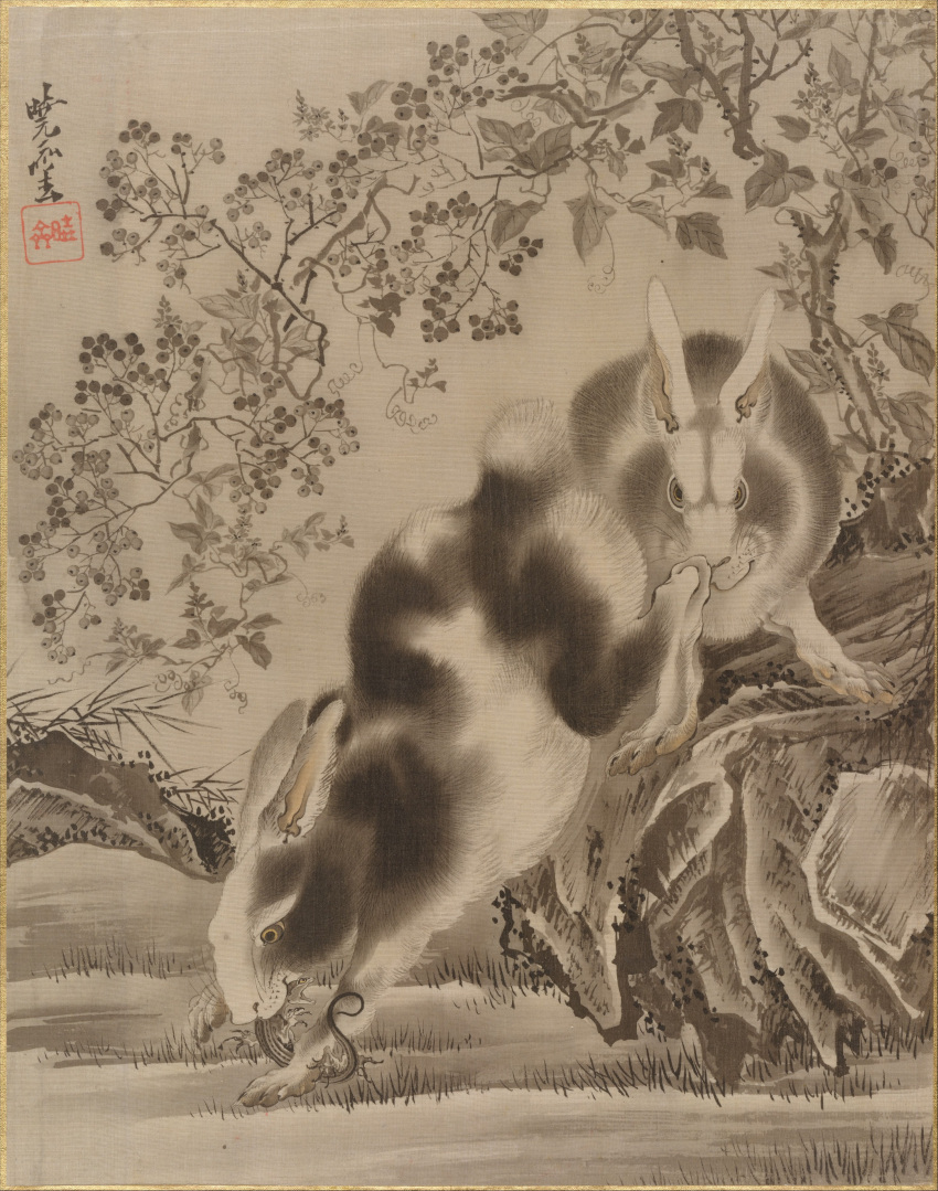 1887 19th_century absurd_res ambiguous_gender amphibian ancient_art black_eyes feral fur grass grey_body grey_fur group hi_res imminent_death in_mouth japanese_text kawanabe_kyosai lagomorph leporid long_ears looking_at_viewer mammal multicolored_body multicolored_fur open_mouth paws plant rabbit salamander scared scut_tail short_tail tail text traditional_media_(artwork) tree trio two_tone_body two_tone_fur whiskers white_body white_fur woodblock_print