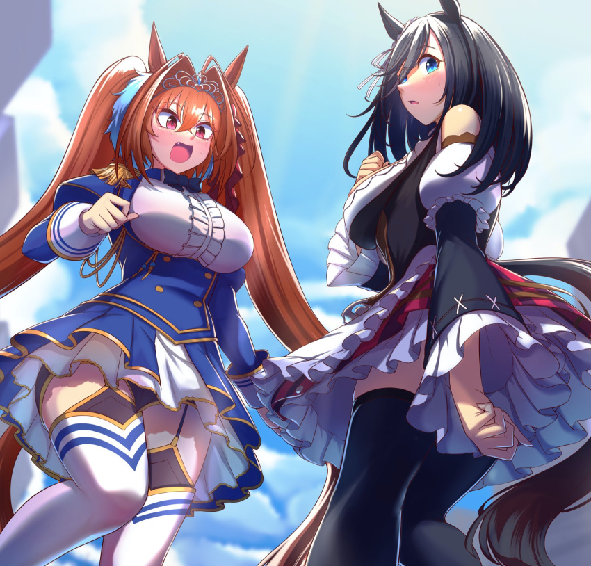 2girls animal_ears bare_shoulders black_hair black_thighhighs blue_eyes breasts brown_hair commentary_request commission daiwa_scarlet_(umamusume) eishin_flash_(umamusume) highres horse_ears horse_girl horse_tail multiple_girls red_eyes same_kujira_(challenger_310) second-party_source tail thighhighs twintails umamusume white_thighhighs