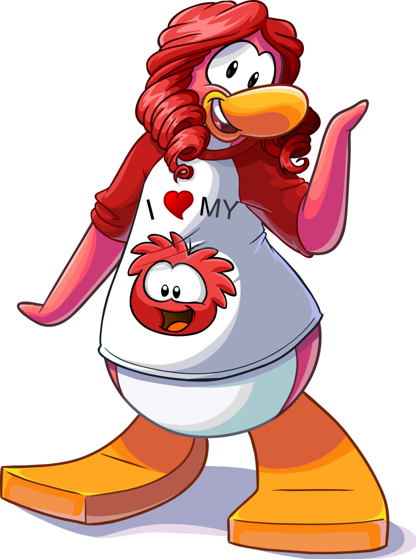 absurd_res alpha_channel avian bird clothing club_penguin drill_curls female full-length_portrait hair hi_res long_hair looking_at_viewer multicolored_clothing multicolored_shirt multicolored_topwear official_art open_mouth penguin pink_body portrait print_clothing print_shirt print_topwear puffle red_clothing red_hair red_shirt red_topwear shirt solo toony topwear two_tone_clothing two_tone_shirt two_tone_topwear unknown_artist upper_teeth_only white_clothing white_shirt white_topwear