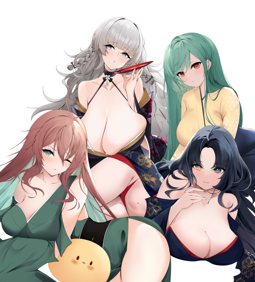 4girls alternate_costume azur_lane bad_id bad_pixiv_id bare_shoulders black_hair black_kimono blue_eyes breasts brown_hair cleavage commission cup english_commentary floral_print gigantic_breasts green_eyes grey_eyes grey_hair heterochromia highres huge_breasts impero_(azur_lane) japanese_clothes kimono littorio_(azur_lane) long_hair looking_at_viewer manjuu_(azur_lane) multiple_girls one_eye_closed panties pixiv_commission red_panties roma_(azur_lane) sagging_breasts sakazuki simple_background spice_(spicezzumi) underwear very_long_hair vittorio_veneto_(azur_lane) white_background yellow_eyes yellow_kimono yukata