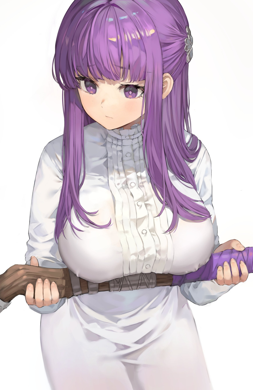 absurdres blush breast_rest breasts bright_pupils commentary_request dress female fern_(sousou_no_frieren) half_updo highres holding holding_staff large_breasts purple_eyes purple_hair rangen sidelocks simple_background solo sousou_no_frieren staff white_background white_dress