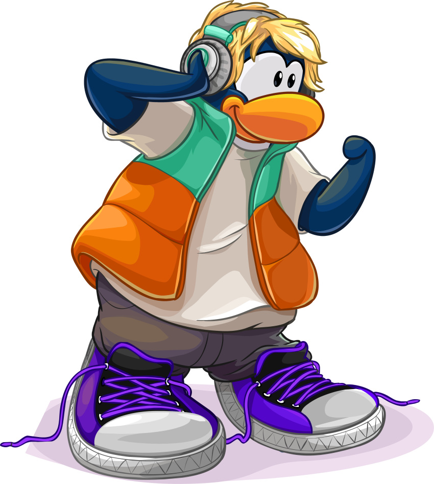 absurd_res alpha_channel avian bird blonde_hair blue_body blue_clothing blue_topwear blue_vest bottomwear clothed clothing club_penguin electronics footwear full-length_portrait grey_bottomwear grey_clothing grey_pants hair headphones hi_res looking_aside male official_art open_clothing open_topwear open_vest orange_clothing orange_topwear orange_vest pants penguin portrait purple_clothing purple_footwear shirt shoes short_hair short_sleeves solo toony topwear two_tone_vest unknown_artist vest white_clothing white_shirt white_topwear