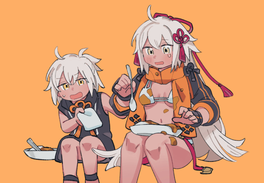 2girls ahoge bikini breasts commentary dark-skinned_female dark_skin fate/grand_order fate_(series) food food_on_body food_on_legs holding holding_spoon invisible_chair jacket large_breasts long_hair multiple_girls navel okita_souji_(fate) okita_souji_alter_(fate) oneroom-disco open_mouth orange_eyes orange_jacket red_ribbon rengoku_(fate) ribbon simple_background sitting spoon sweatdrop swimsuit symbol-only_commentary tassel very_long_hair white_hair