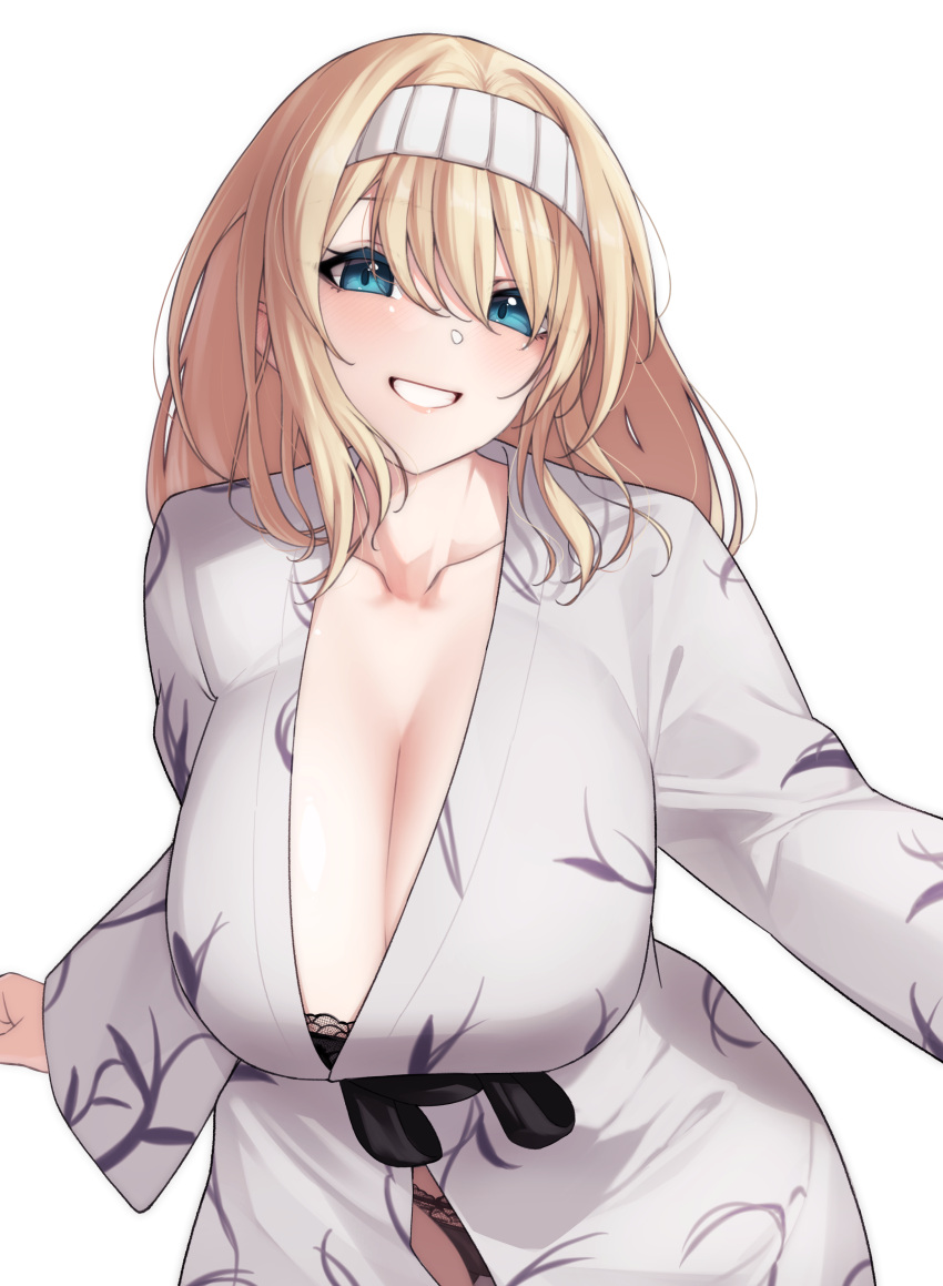 absurdres black_panties blonde_hair blue_eyes bra breasts cleavage collarbone commission female hairband highres huge_breasts lace-trimmed_bra lace-trimmed_panties lace_trim long_hair looking_at_viewer nasuno_(nasuno42) original panties pixiv_commission smile solo underwear white_background