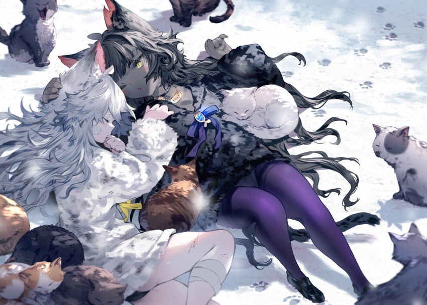 2girls animal animal_ears bandage_on_face bandaged_leg bandages black_footwear black_hair black_panties black_sweater bukurote cat_ears cat_girl cat_tail colored_skin cuts dirty dirty_clothes feline fur_sweater grey_skin hand_on_another's_head highres injury long_hair long_sleeves lying multiple_girls no_pants notched_ear on_back on_ground on_side one_eye_closed original panties panties_under_pantyhose pantyhose paw_print sleeping snow sweater tail too_many too_many_cats underwear white_hair white_sweater yellow_eyes