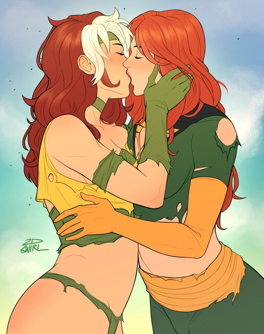 2dswirl 2girls ass blush bodysuit brown_hair dyed_bangs gloves green_bodysuit hand_on_another's_cheek hand_on_another's_face hand_on_another's_waist highres jean_grey kissing long_hair marvel multicolored_bodysuit multicolored_clothes multicolored_hair multiple_girls navel phoenix_(x-men) red_hair rogue_(x-men) skin_tight superhero_costume torn_clothes two-tone_hair x-men yellow_gloves yuri