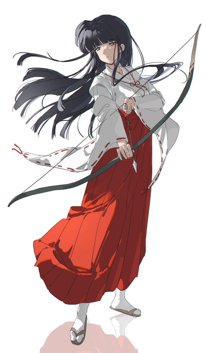 absurdres bellflower black_hair bow_(weapon) female flower full_body hakama hakama_skirt highres holding holding_bow_(weapon) holding_weapon inuyasha japanese_clothes kikyou_(inuyasha) kimono long_hair miko red_hakama ribbon-trimmed_sleeves ribbon_trim sandals simple_background skirt solo spirit weapon white_background white_kimono wide_sleeves z3zz4 zouri