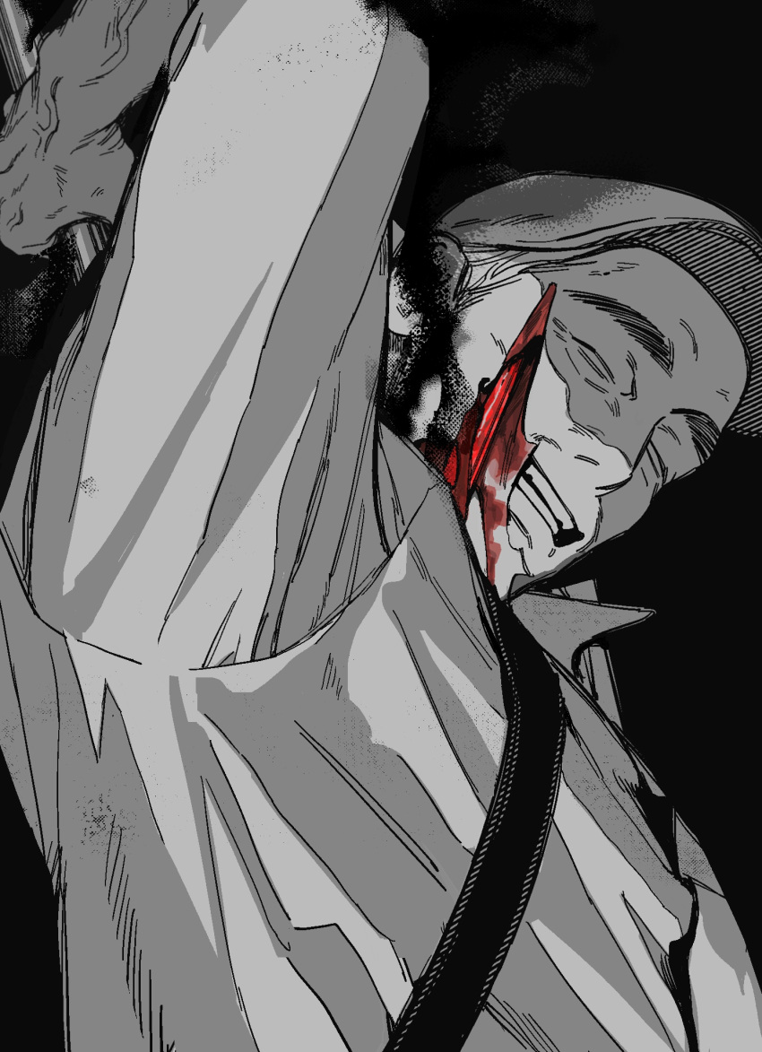 1boy ajin_(sakurai_gamon) arm_up blood closed_eyes dark_background deep_wound facing_down facing_viewer flat_cap from_below grabbing greyscale grin hat highres impaled injury male_focus monochrome old old_man paguraisu satou_(ajin) shirt short_hair simple_background smile solo spot_color suspenders thick_eyebrows torn_clothes torn_shirt upper_body veins