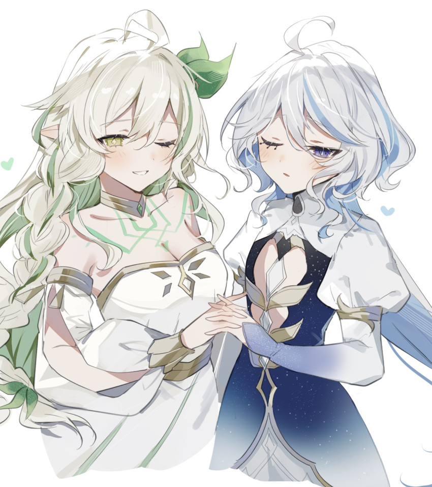 2girls bare_shoulders blue_brooch blue_hair blush breasts cleavage commentary detached_sleeves dress drop-shaped_pupils flat_chest focalors_(genshin_impact) genshin_impact gold_choker gold_collar gradient_dress green_eyes hair_between_eyes hair_ornament highres holding_hands juliet_sleeves leaf_hair_ornament light_blue_hair long_hair long_sleeves medium_breasts multicolored_hair multiple_girls one_eye_closed parted_lips pointy_ears puffy_sleeves rukkhadevata_(genshin_impact) smile sorani_(kaeru0768) spoilers symbol-shaped_pupils two-tone_dress very_long_hair white_background white_dress white_hair