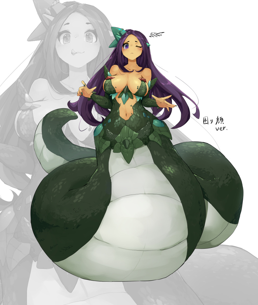 absurdres blush breasts closed_mouth female fingernails full_body green_nails green_scales hair_ornament highres lamia large_breasts long_hair looking_at_viewer monster_girl navel one_eye_closed original purple_eyes scales shitoi_(aqua1487) translation_request variations white_background zoom_layer