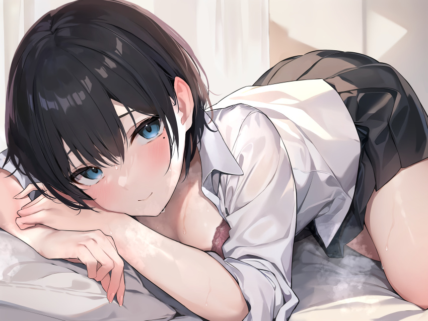 absurdres bed_sheet black_hair black_skirt blue_eyes blush bra closed_mouth curtains female highres indoors looking_at_viewer mole mole_under_eye non-web_source on_bed original pillow pink_bra pleated_skirt school_uniform shirt short_hair skirt sleeves_rolled_up smile solo steam sweat underwear white_shirt yuyu_(yuyuworks)