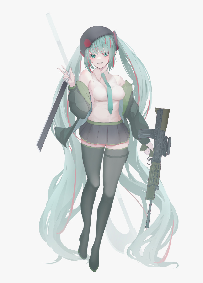 absurdly_long_hair absurdres aqua_eyes aqua_hair assault_rifle black_skirt breasts bullpup commentary_request commission detached_sleeves female full_body gun hat hatsune_miku highres holding holding_gun holding_sword holding_weapon l85 long_hair looking_at_viewer medium_breasts multicolored_hair necktie pixiv_commission red_hair rifle skirt solo sweater sword tachibana_shiori_(suica_112) twintails two-tone_hair very_long_hair vocaloid weapon