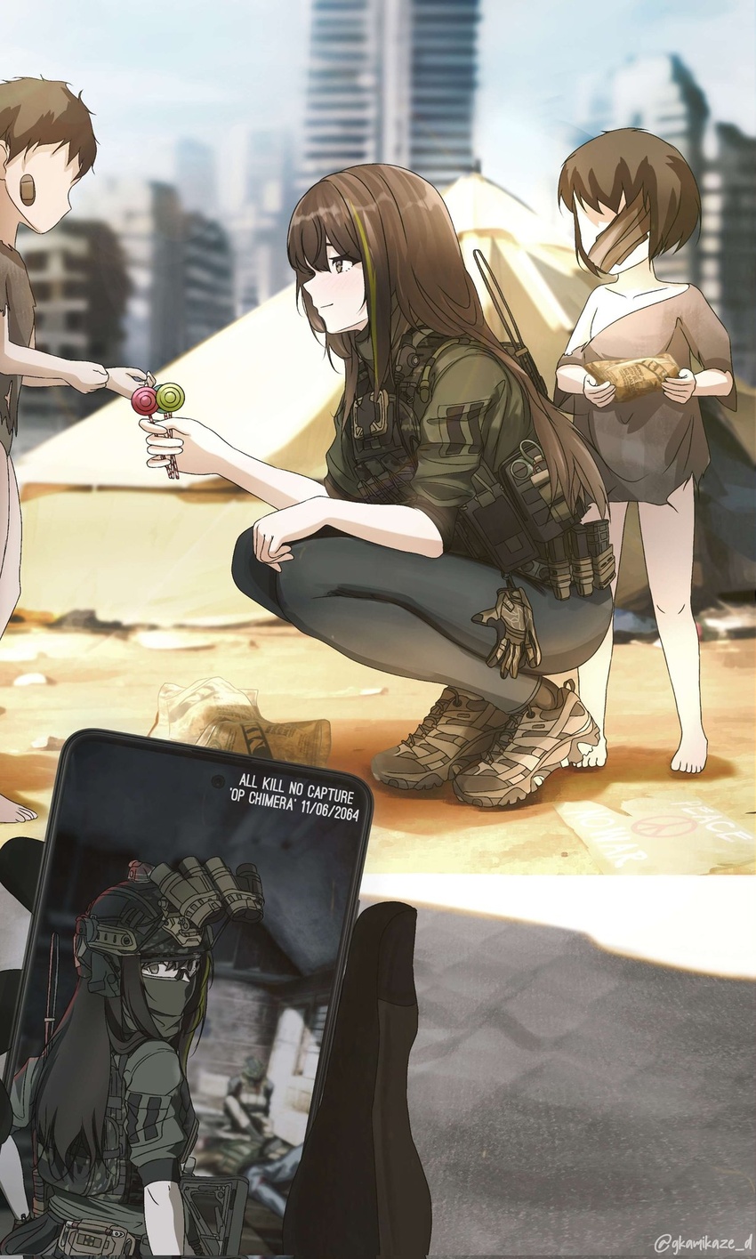 1boy 1other 2girls balaclava bandage_over_one_eye bandaid bandaid_on_face black_gloves bulletproof_vest candy cellphone city day dgkamikaze empty_eyes english_commentary english_text faceless faceless_female faceless_male field_ration food germany_oneesan_(meme) girls'_frontline gloves helmet highres holding holding_candy holding_food holding_lollipop holding_phone juxtaposition lollipop m4a1_(girls'_frontline) meme military_uniform multiple_girls night_vision night_vision_device phone pov ruins smartphone tactical_clothes tent timestamp twitter_username uniform