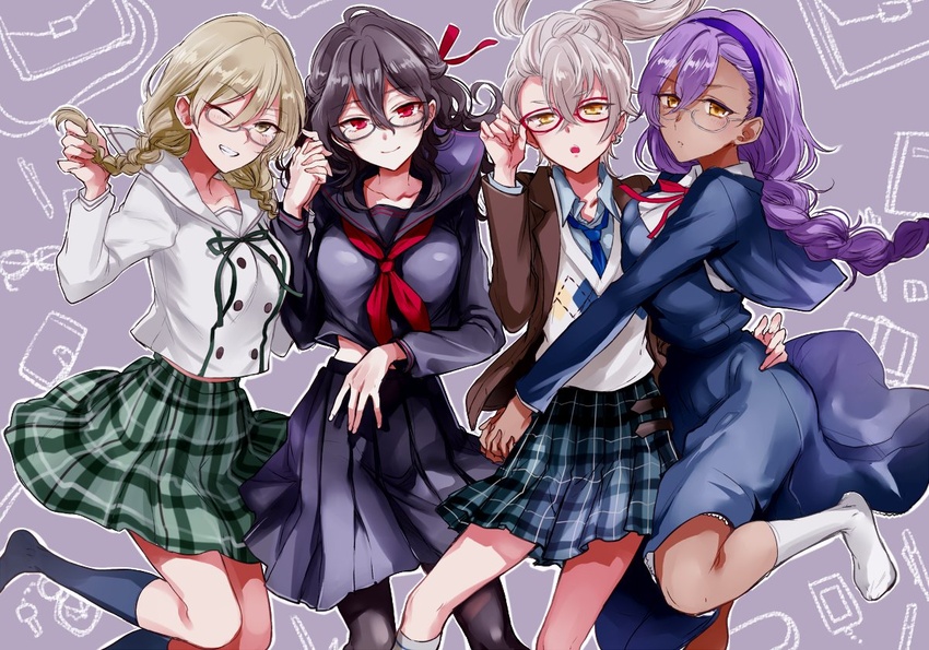 4girls :o adjusting_hair argyle_clothes argyle_sweater arm_around_waist bespectacled black_hair black_serafuku black_shirt black_skirt blazer blonde_hair blouse blue_jacket blue_necktie blue_shirt blue_skirt blush braid breast_press breasts brown_jacket buttons child's_drawing closed_mouth collared_shirt commentary_request cropped_jacket dark-skinned_female dark_skin double-breasted earrings ensemble_stars! epuko floating_hair genderswap_(mtf) glasses green_skirt grey-framed_eyewear grey_hair grin hair_between_eyes hair_ribbon hairband hakaze_kaoru half_updo hands_up holding holding_hands holding_own_hair hug interlocked_fingers jacket jewelry jumping kneehighs legs_apart long_hair long_sleeves looking_at_viewer medium_breasts midriff_peek multiple_girls neckerchief necktie no_shoes ogami_koga one_eye_closed open_clothes open_jacket otogari_adonis outline own_hands_together pantyhose parted_lips plaid plaid_skirt pleated_skirt ponytail purple_background purple_hair red-framed_eyewear red_eyes red_neckerchief red_ribbon ribbon rule_63 sakuma_rei_(ensemble_stars!) school_uniform serafuku shirt signature skirt smile socks sweater twin_braids twintails undead_(ensemble_stars!) v-shaped_eyebrows wavy_hair white_shirt white_sweater yellow_eyes