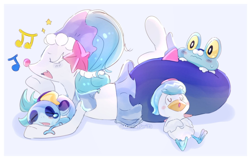 blue_body border closed_eyes feral froakie generation_6_pokemon generation_7_pokemon generation_8_pokemon generation_9_pokemon group hi_res itz_smi73 nintendo pokemon pokemon_(species) primarina quaxly scalie simple_background sleeping sobble white_border