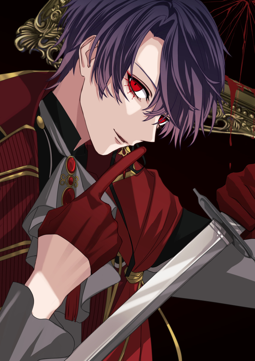 1boy ascot black_background blood empty_picture_frame facing_to_the_side finger_to_mouth gem gloves highres holding holding_sword holding_weapon jacket kenmochi_touya looking_at_viewer male_focus nijisanji open_mouth picture_frame purple_hair red_eyes red_gemstone red_gloves red_jacket short_hair shushing smirk soiya_(soiyaaaaaa2) solo sword virtual_youtuber weapon white_ascot