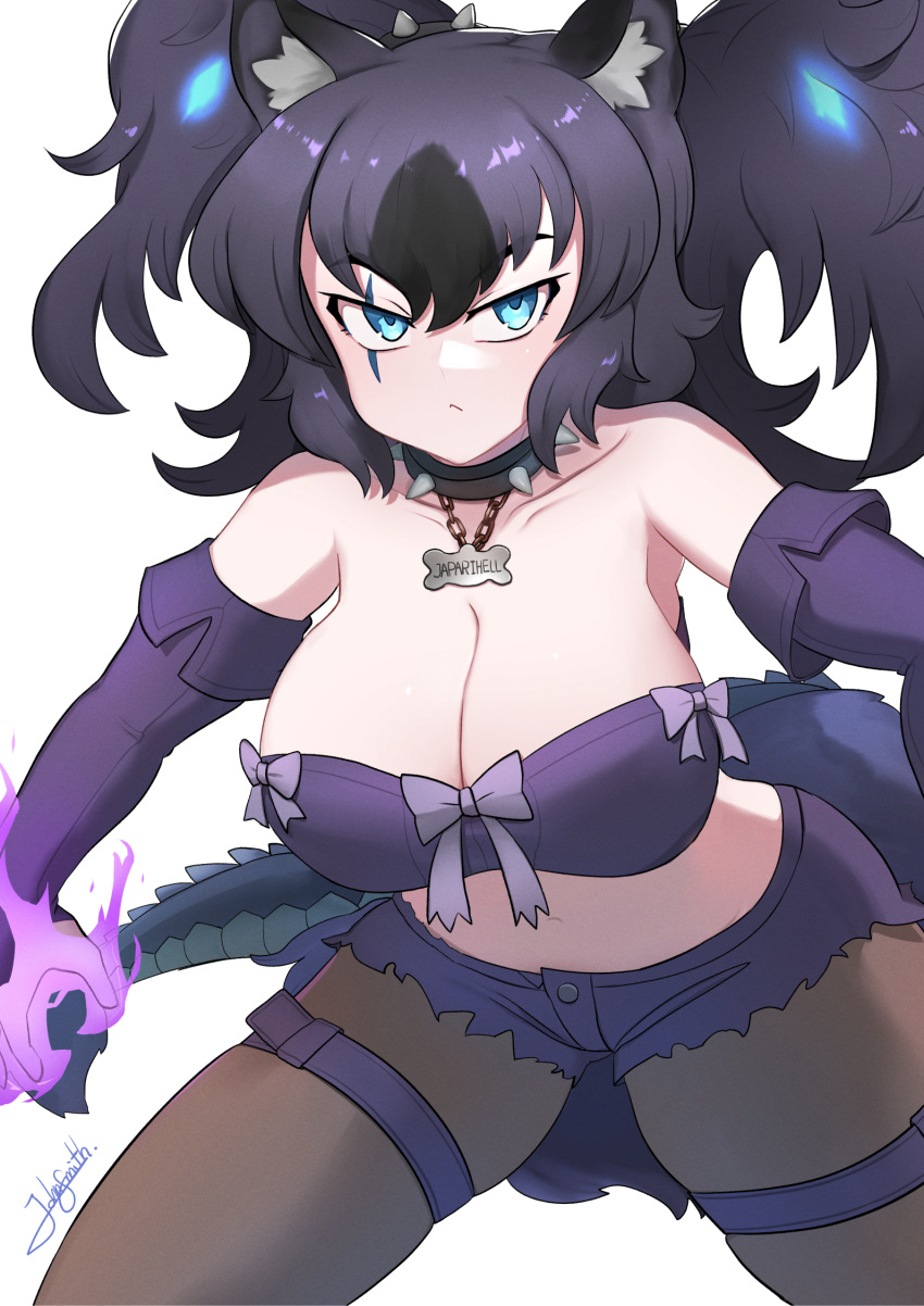 animal_ears big_hair black_hair breasts cerberus_(kemono_friends) cleavage collar dog_ears elbow_gloves female gloves glowing glowing_hair hanging_breasts highres huge_breasts john_(a2556349) kemono_friends kemono_friends_3 looking_at_viewer multicolored_hair navel pantyhose pantyhose_under_shorts purple_hair scar scar_across_eye scar_on_face shorts solo spiked_collar spikes strapless tail two_side_up