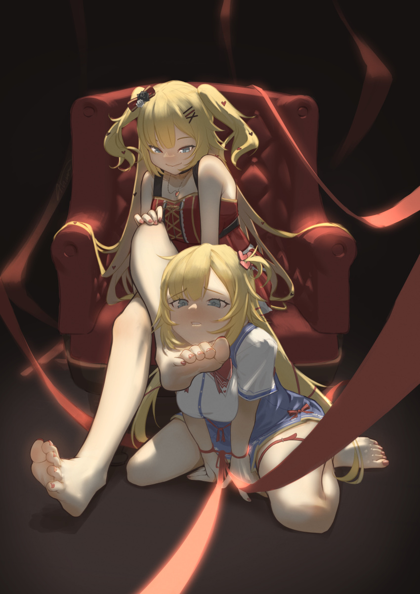 2girls absurdres aiharararara akai_haato akai_haato_(1st_costume) akai_haato_(gothic_lolita) arm_support armchair bare_shoulders barefoot blonde_hair blue_eyes blush bound bound_wrists breasts chair crossed_legs dress dual_persona feet foot_focus foot_on_another's_face foot_worship hair_ornament hair_ribbon hairclip heart heart_hair_ornament heart_necklace high-waist_skirt highres hololive jewelry large_breasts leaning_forward long_hair looking_at_another multiple_girls nail_polish necklace official_alternate_costume official_alternate_hairstyle one_side_up parted_lips red_dress red_nails red_ribbon ribbon school_uniform shirt short_sidetail short_sleeves sitting skirt sleeveless sleeveless_dress smile soles thigh_strap toenail_polish toenails toes two_side_up very_long_hair virtual_youtuber wariza white_shirt x_hair_ornament