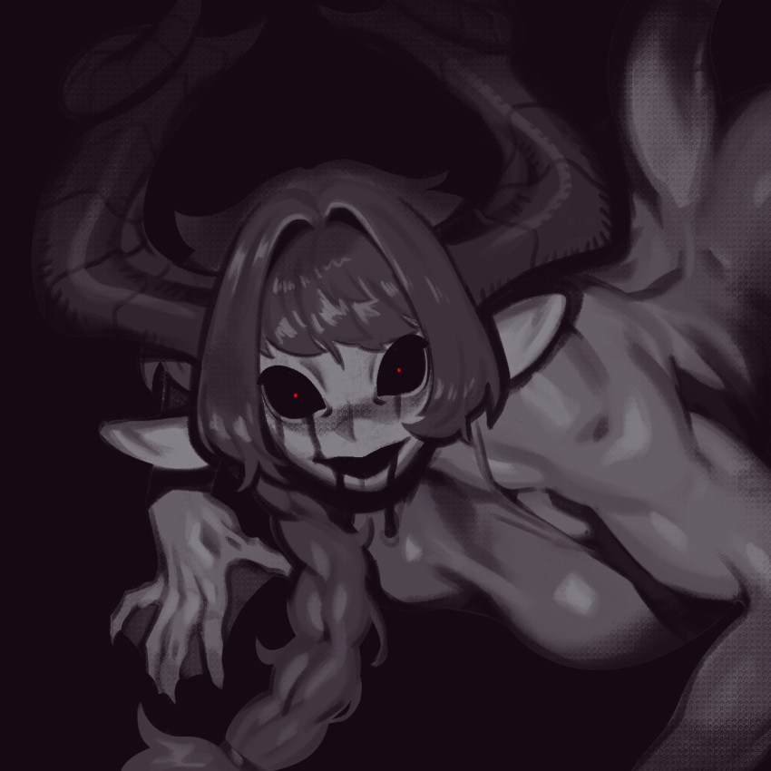 all_fours black_sclera blood blood_from_eyes blood_from_mouth bottomless braid breasts colored_sclera crop_top eigaka female greyscale halterneck highres hollow_mouth horns horror_(theme) large_breasts looking_at_viewer monochrome muscular muscular_female original pointy_ears red_eyes side_braid simple_background solo spot_color