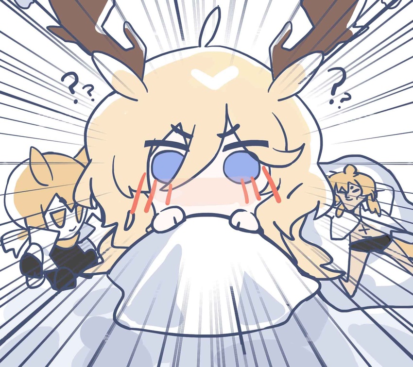 ? ahoge animal_ears antlers arknights blonde_hair blue_eyes blush body_pillow chibi deer_antlers deer_ears deer_girl emphasis_lines english_commentary female fumo_(doll) hair_between_eyes highres horns implied_yuri long_hair nearl_(arknights) nearl_the_radiant_knight_(arknights) pillow quanx70909457 stuffed_toy under_covers viviana_(arknights) waking_up