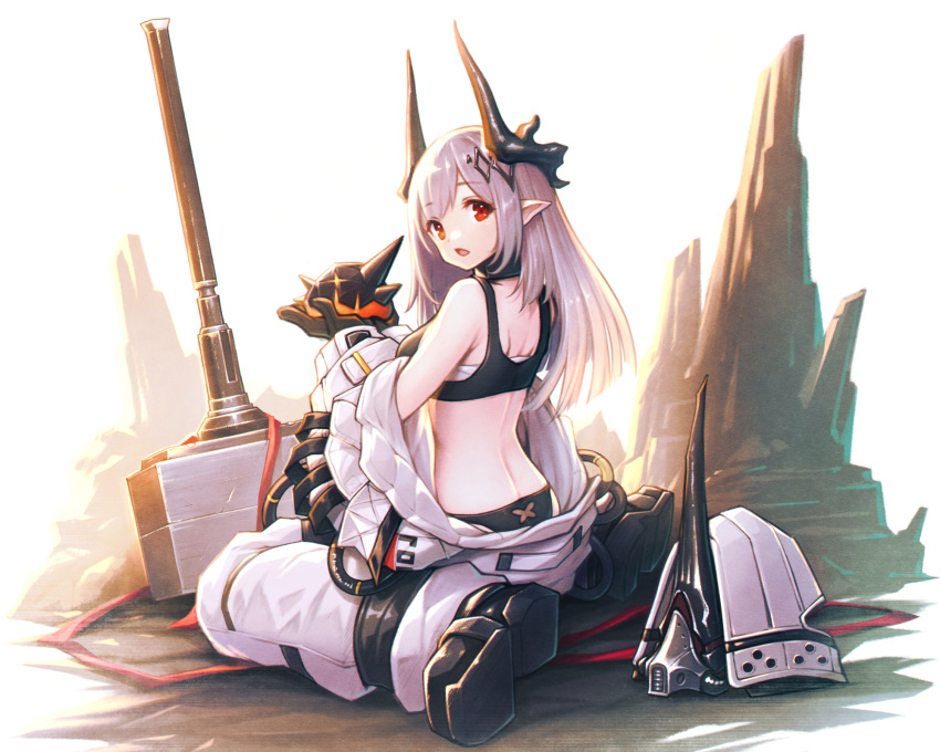 arknights back black_bra black_footwear black_gloves black_panties bodysuit bra breasts creature demon_horns demon_tail female from_behind gloves gogatsu_no_renkyuu grey_hair hair_ornament helmet highres holding holding_creature horns long_hair looking_at_viewer looking_back medium_breasts mudrock_(arknights) open_bodysuit open_clothes originium_slug_(arknights) panties pointy_ears red_eyes sitting solo stalagmite tail underwear unworn_headwear unworn_helmet war_hammer wariza weapon white_bodysuit