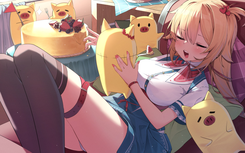 absurdres akai_haato akai_haato_(1st_costume) black_thighhighs blue_skirt blush breasts cake closed_eyes collared_shirt female food haaton_(akai_haato) hair_ornament hair_ribbon heart heart_hair_ornament highres hololive large_breasts long_hair maeru open_mouth red_ribbon ribbon shirt side_ponytail skirt thigh_strap thighhighs twintails virtual_youtuber white_shirt