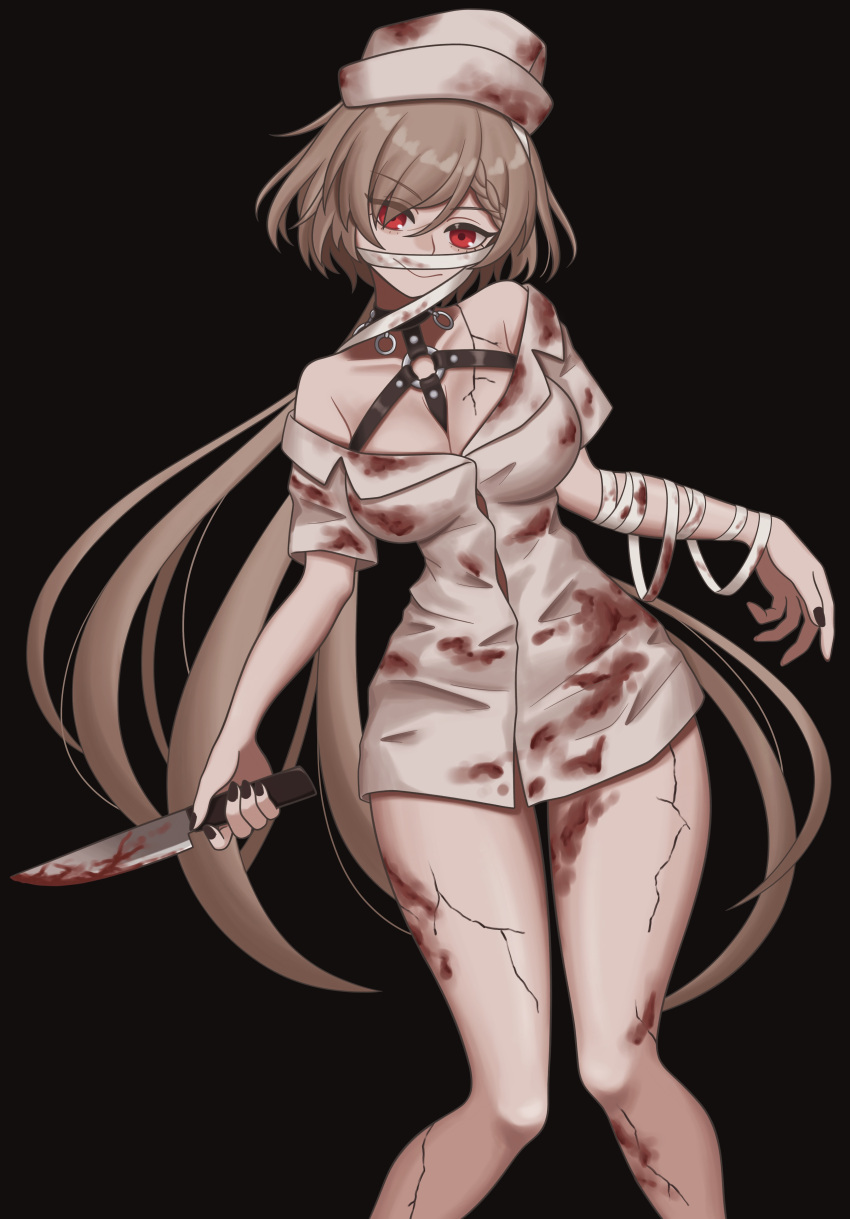 absurdres bakeneko-nya bandaged_arm bandages black_background black_nails blood blood_on_clothes blood_on_knife blood_on_leg braid breasts brown_hair cleavage cowboy_shot cracked_skin female french_braid girls'_frontline halloween_costume highres knife kord_(dancer_in_the_dead_silence)_(girls'_frontline) kord_(girls'_frontline) long_hair looking_at_viewer medium_breasts nurse o-ring official_alternate_costume pale_skin red_eyes smile solo very_long_hair