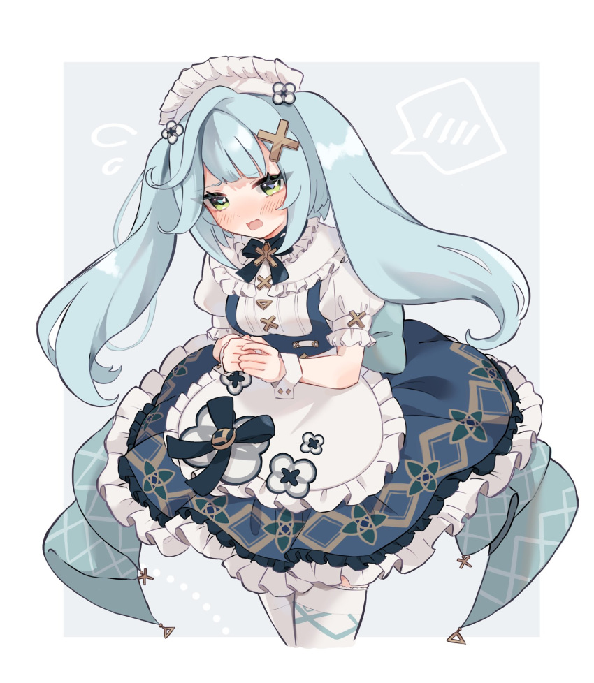 apron aqua_hair blue_dress blush commentary_request cropped_legs dress embarrassed faruzan_(cafe)_(genshin_impact) faruzan_(genshin_impact) female frilled_apron frills genshin_impact hair_ornament highres long_hair looking_at_viewer maid maid_apron maid_headdress nanakusa_yomogi official_alternate_costume open_mouth puffy_sleeves short_sleeves solo symbol-shaped_pupils thighhighs triangle-shaped_pupils twintails waist_apron white_apron white_thighhighs white_wrist_cuffs wrist_cuffs x_hair_ornament zettai_ryouiki