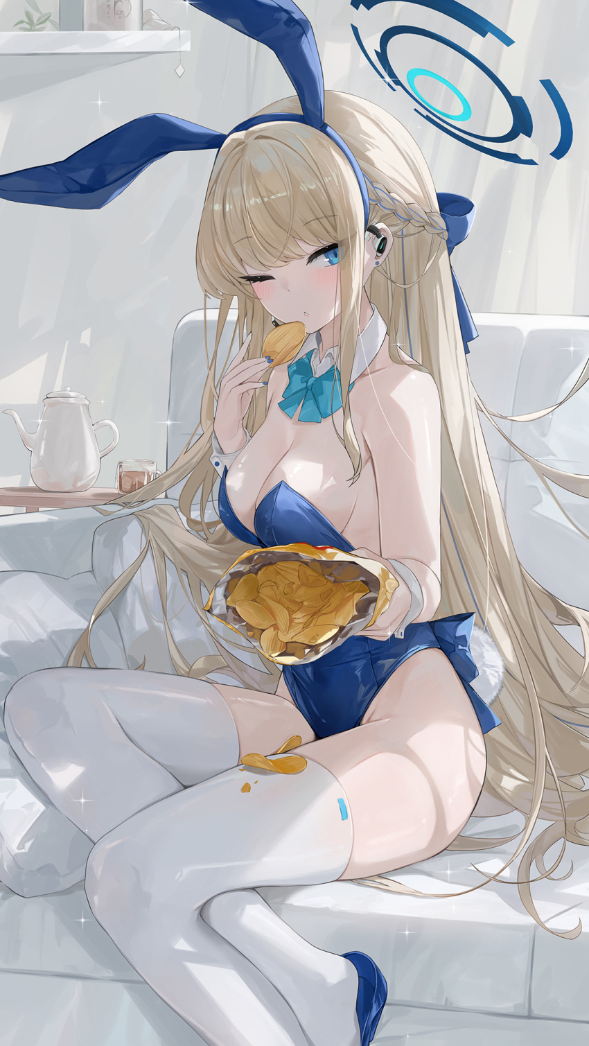 animal_ears bag_of_chips bare_shoulders blonde_hair blue_archive blue_bow blue_bowtie blue_eyes blue_footwear blue_hair blue_halo blue_leotard blush bow bowtie braid breasts chips_(food) cleavage dema_hmw detached_collar fake_animal_ears female food halo high_heels highres holding holding_food indoors leotard long_hair medium_breasts multicolored_hair official_alternate_costume one_eye_closed parted_lips playboy_bunny potato_chips rabbit_ears rabbit_tail solo strapless strapless_leotard streaked_hair tail thighhighs toki_(blue_archive) toki_(bunny)_(blue_archive) white_thighhighs