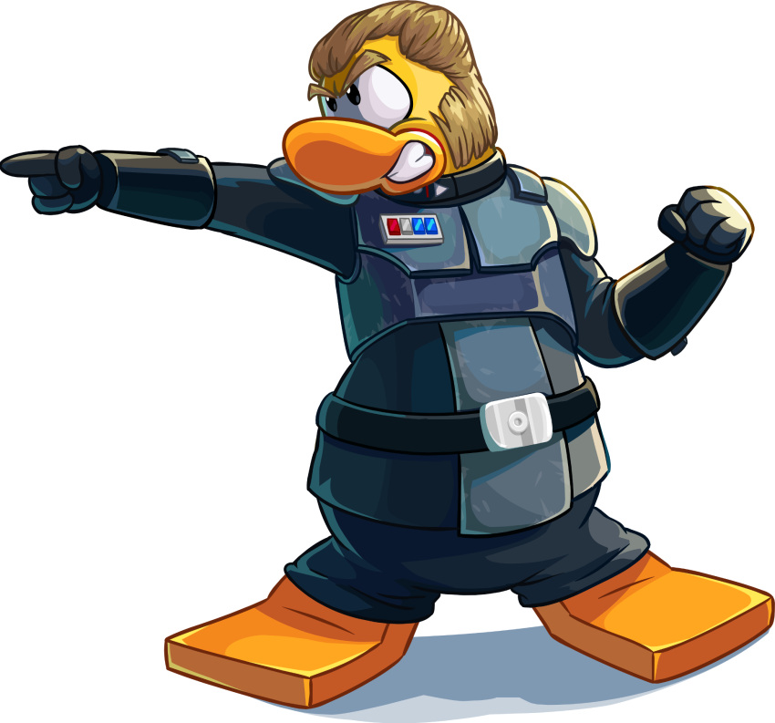 alexsandr_kallus alpha_channel armor avian belt bird black_belt black_bottomwear black_clothing black_gloves black_handwear black_pants blonde_hair bottomwear clenched_teeth clothing club_penguin crossover fist full-length_portrait gesture gloves hair hand_gesture handwear hi_res looking_aside male official_art pants penguin pointing portrait short_hair solo star_wars teeth toony unknown_artist yellow_body