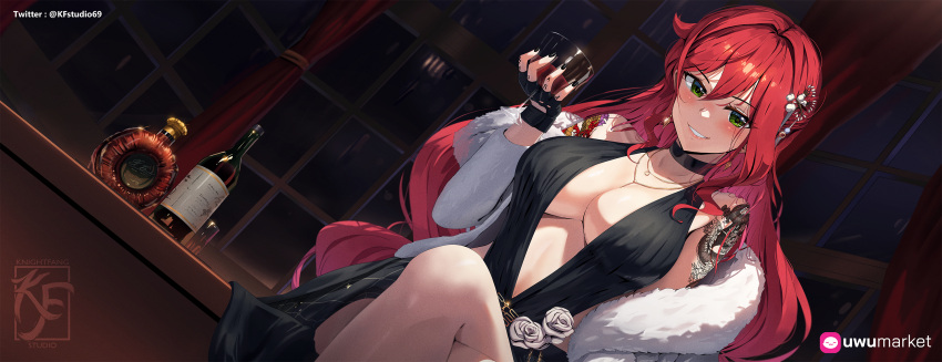 arm_tattoo artist_logo artist_name bare_shoulders black_choker black_dress black_gloves black_nails bottle breasts choker cleavage coat commentary commission crossed_legs cup curtains dress earrings elly_(vtuber) english_commentary female fingerless_gloves flower fur_coat gloves green_eyes hair_between_eyes hair_ornament highres holding holding_cup indie_virtual_youtuber jewelry knightfang large_breasts long_hair necklace night off_shoulder official_art plunging_neckline red_hair revealing_clothes rose smile solo tattoo twitter_username virtual_youtuber white_coat white_flower white_rose window wine_bottle