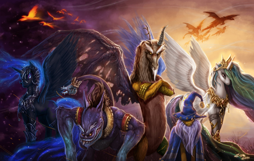 ahuizotl ahuizotl_(mlp) alicorn antlers armor avian bell black_body black_feathers blue_body blue_eyes blue_feathers chimera cloak clothing crown cutie_mark discord_(mlp) draconequus dragon equid equine european_mythology feathered_wings feathers female feral fire flaming_feathers friendship_is_magic gold_(metal) greek_mythology group hair hasbro hat headgear headwear hi_res horn jewelry male mammal membrane_(anatomy) membranous_wings multicolored_hair my_little_pony mythological_avian mythological_bird mythological_creature mythological_equine mythological_firebird mythological_scalie mythology necklace nightmare_moon_(mlp) phoenix princess princess_celestia_(mlp) royalty scalie starswirl_the_bearded_(mlp) tail tail_hand unicorn unusual_anatomy unusual_tail white_body white_feathers wings wizard_hat yellow_eyes ziom05