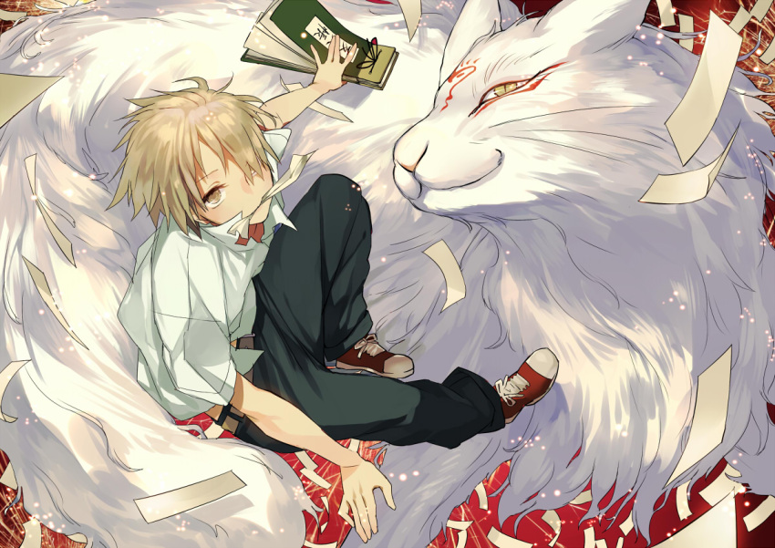 :3 anthro brown_eyes brown_hair canid canine clothed clothing duo felid fox fur hair human madara_(natsume_yuujinchou) male mammal mouth_hold natsume's_book_of_friends paper pupils school_uniform short_hair slit_pupils tail takashi_natsume takekono uniform white_body white_fur yellow_eyes