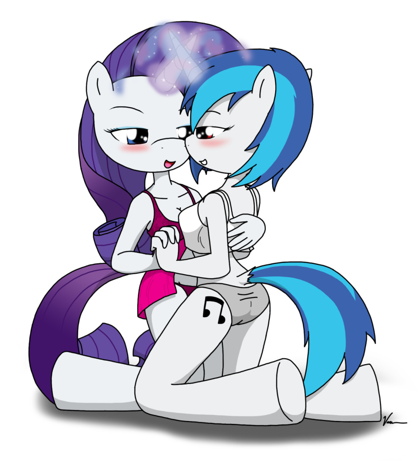 2012 alpha_channel anthro anthrofied blue_eyes blue_hair blush clothing cutie_mark duo equid equine female female/female friendship_is_magic hair hasbro hi_res horn horse kneeling long_hair magic mammal multicolored_hair my_little_pony mythological_creature mythological_equine mythology nightwear panties pony purple_hair rarity_(mlp) red_eyes sandwich-anomaly short_hair tail two_tone_hair underwear unicorn vinyl_scratch_(mlp)