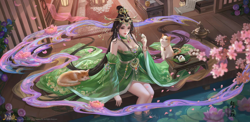 bare_legs bare_shoulders bell censer character_request closed_mouth earrings falling_petals feline female flower food hair_bun highres jewelry jingle_bell lily_pad long_hair lotus petals romance_of_the_three_kingdoms rug smile solo tassel tassel_earrings tiara tofu upper_body water yinse_qiji