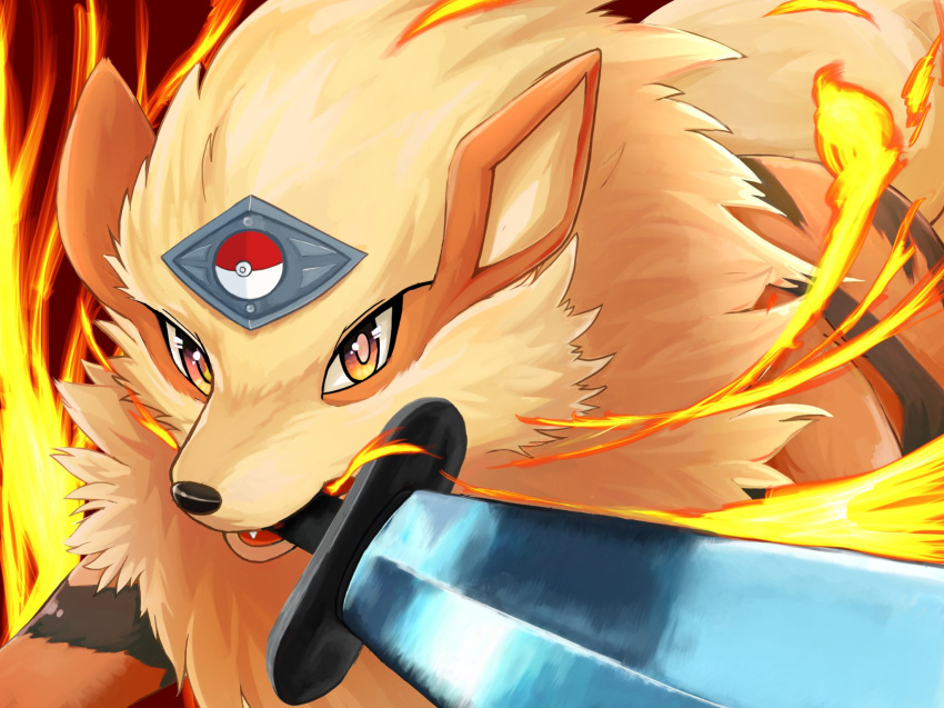 amber_eyes arcanine black_body black_fur black_nose breath_powers canid canine cheek_tuft colored cute_fangs digital_media_(artwork) elemental_manipulation facial_tuft fangs feral fire fire_background fire_breathing fire_manipulation fluffy fluffy_tail front_view fur generation_1_pokemon glistening half-length_portrait head_tuft hi_res holding_melee_weapon holding_object holding_sword holding_weapon kemono looking_at_viewer mammal mane melee_weapon monotone_tail mouth_hold multicolored_body multicolored_eyes multicolored_fur neck_tuft nintendo nukumorigakari object_in_mouth open_mouth orange_body orange_ears orange_fur pink_eyes pokeball pokemon pokemon_(species) portrait pupils quadruped ruff shaded snout solo standard_pokeball standing sword sword_in_mouth tail tan_body tan_fur tan_inner_ear tan_tail teeth three-quarter_view tuft weapon white_pupils